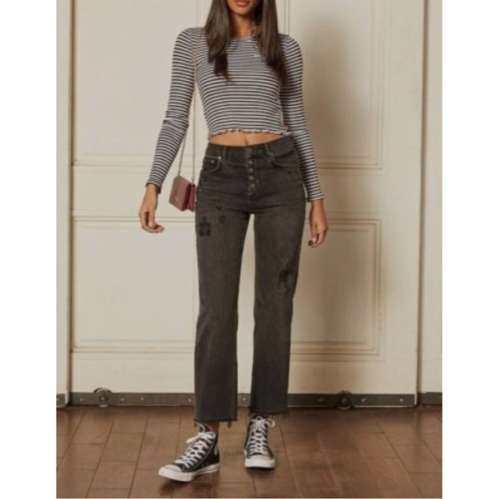 Boyish “Mikey” High-Rise Wide-Leg Jeans • Raw Hem Black Wash • Size 26